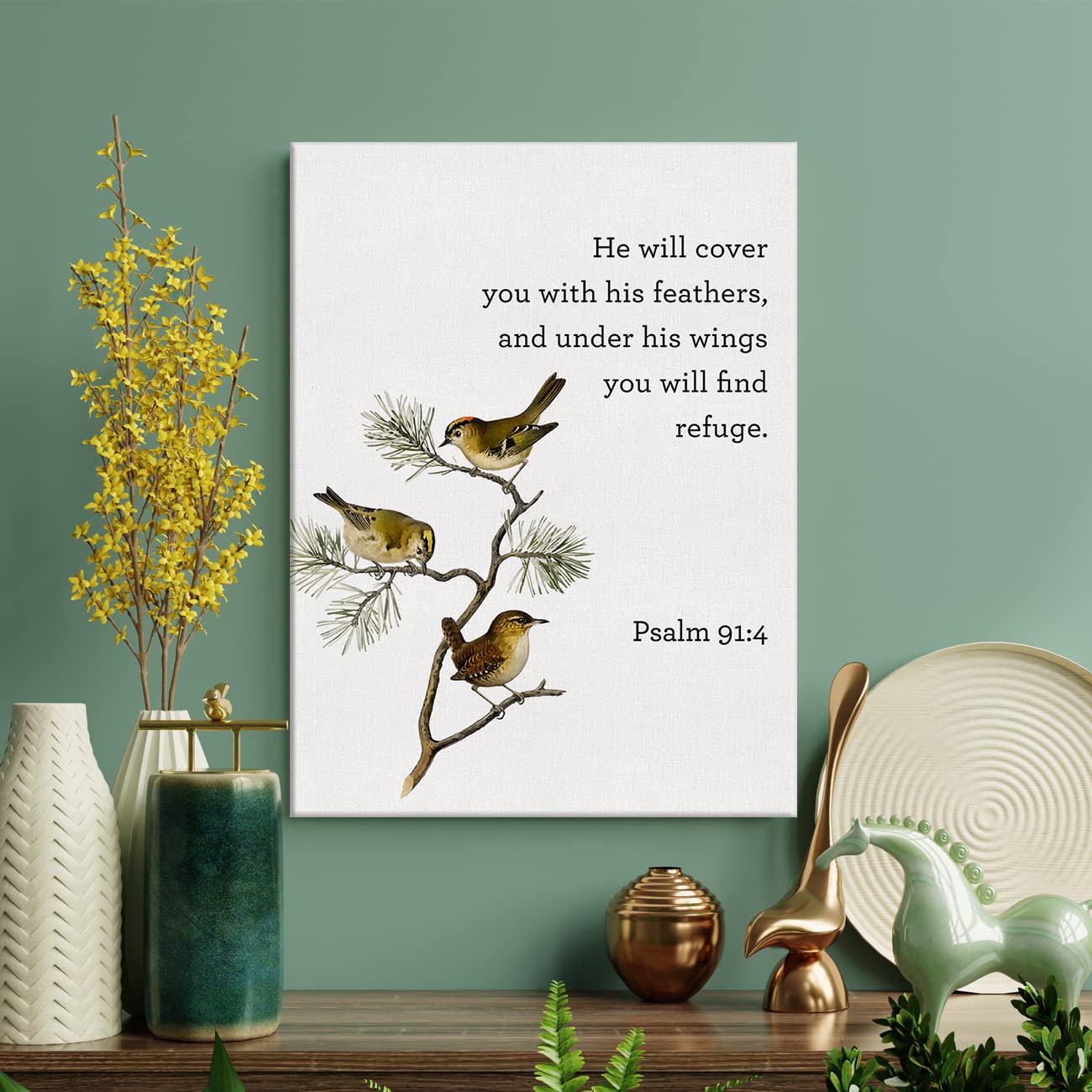 Bible Verse Print Canvas Wall Art Home Decor Bird Psalm 91:4 Scripture Painting 12x15 Canvas Poster Framed Ready to Hang Christi